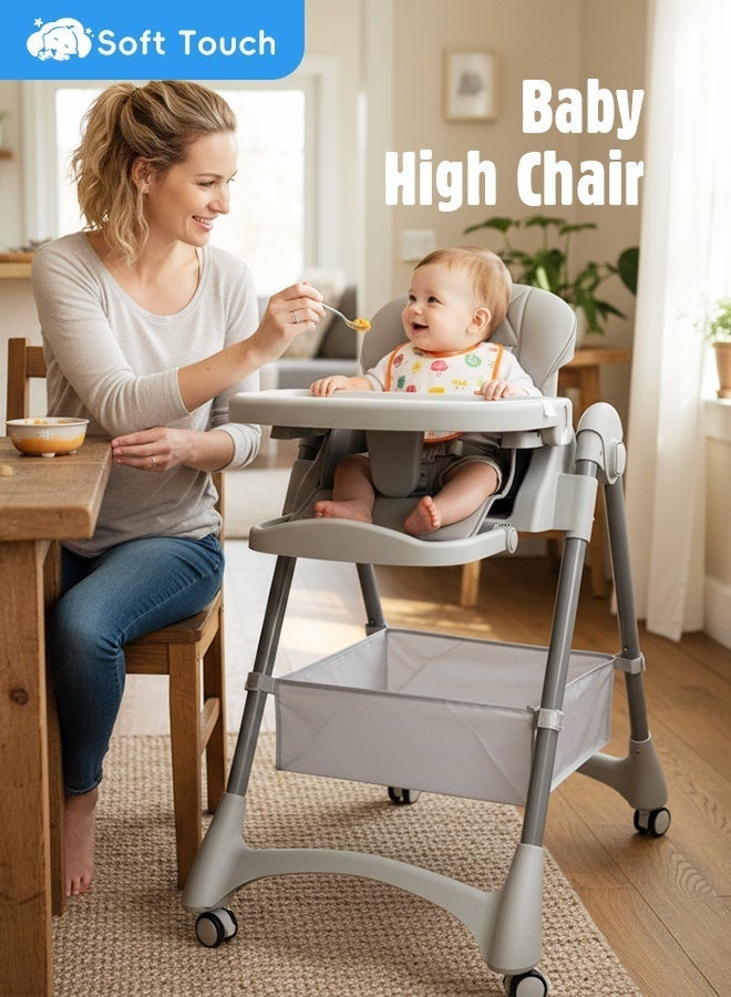 Soft Touch 3-in-1 Baby High Chair, Foldable Toddler Feeding Chair with Removable Soft Cushion and Double Tray, 8 Height Levels, 4 Recline Positions, Baby Dining Chair with Wheels and Storage Basket, Baby Dining Chair for 6–36 Months (Grey) - Image 2